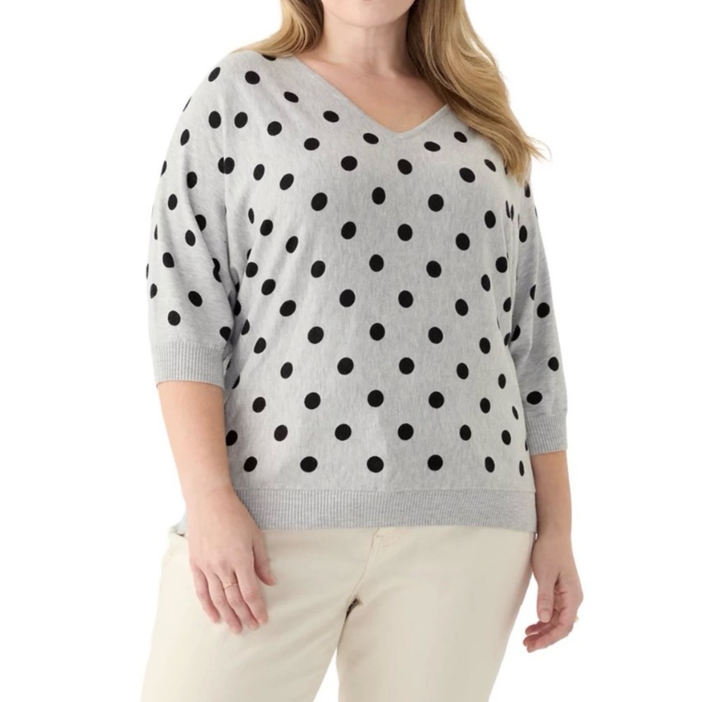 Premise Gray with Black Polka Dots Elbow Sleeve V-Neck Knit Sweater - 1X